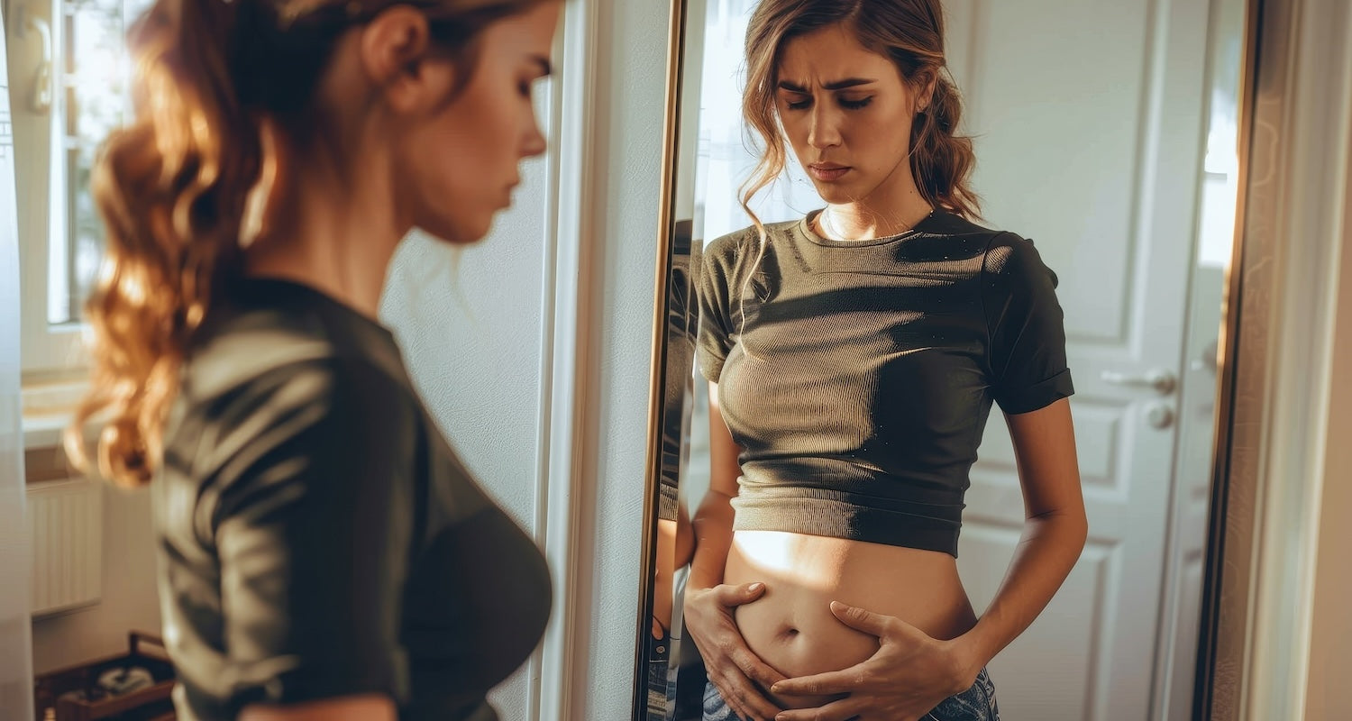 Woman in mirror with bloated belly