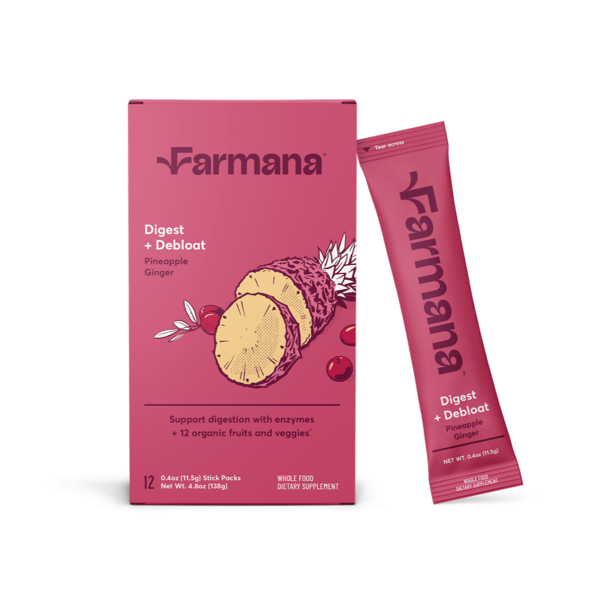 A bright and clean product display of Farmana's "Digest + Debloat" pineapple-ginger flavor, including a pink box and a single-serving stick pack, highlighting its natural fruit and enzyme formula.